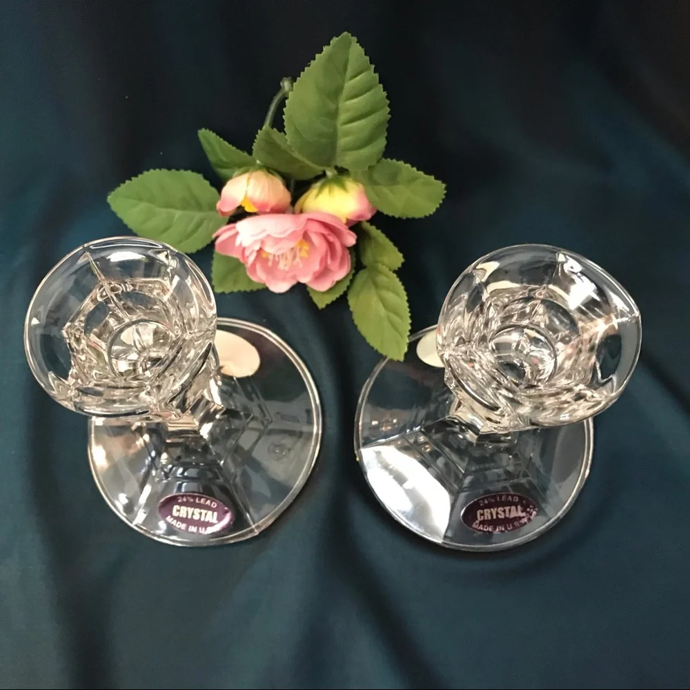 Vintage Pair 24% Lead Crystal Candle Holders Made in USA 4.25” Original Labels